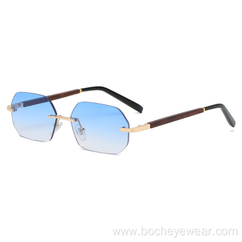 New European and American fashion frameless polygon Sunglasses Women's gradually changing color Sunglasses trend wood grain leg